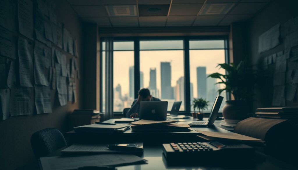 A dimly lit office space, the walls adorned with financial documents and ledgers. In the foreground, a desk with a laptop, papers, and a calculator, conveying the meticulous nature of tax accounting. The middle ground features a person, likely an accountant, intently focused on their work, surrounded by the tools of their trade. The background showcases a backdrop of city skyline through a window, suggesting the practical application of tax compliance in the real world. The scene is illuminated by a warm, soft lighting, creating a contemplative and professional atmosphere, reflecting the gravity of the subject matter.