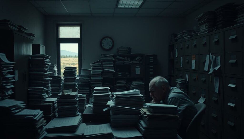 A dimly lit office, the air thick with bureaucratic tension. In the foreground, a weary father hunches over a desk, surrounded by towering stacks of forms and documents, his expression one of frustration and despair. The middle ground reveals a labyrinth of filing cabinets, their drawers pulled open, papers spilling out, symbolizing the maze of red tape he must navigate. In the background, a window offers a glimpse of a distant, vibrant African landscape, a stark contrast to the drab, oppressive atmosphere of the room, hinting at the challenges of an international search. Muted colors, dramatic shadows, and a subtle sense of urgency evoke the struggles and obstacles faced in the quest to reunite a father with his lost son.