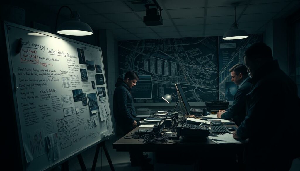 A dimly lit police station, detectives poring over evidence and documents, the air thick with concentration. In the foreground, a whiteboard covered in hastily scribbled notes, crime scene photos, and possible theories. In the middle ground, a table strewn with forensic equipment, technicians carefully analyzing data. In the background, a map of the city, pinpointing the location of the incident, the streets cast in a somber, investigative glow. The mood is one of intense focus, as the team works tirelessly to uncover the causes and unravel the mystery at hand. Dramatic lighting from overhead lamps casts shadows, adding to the air of suspense and gravity. This is the scene of a meticulous investigation, where every detail could hold the key to understanding what transpired.