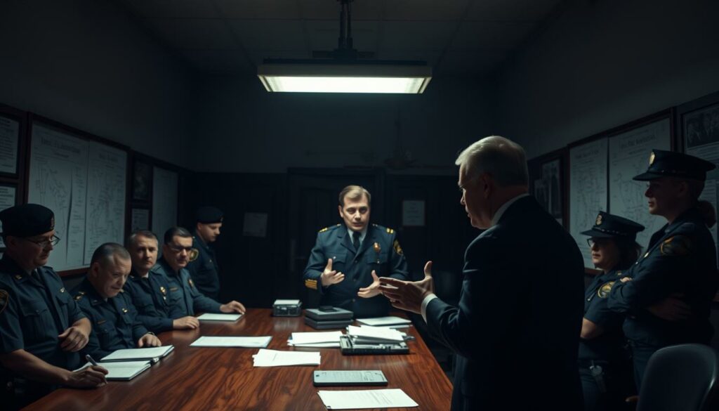 A dimly lit police station interior, with uniformed officers and detectives gathered around a large wooden table, poring over documents and files. The walls are lined with whiteboards and maps, hinting at the ongoing investigation. In the foreground, a serious-faced prosecutor stands, gesturing emphatically as they discuss the case. Overhead, a single, harsh fluorescent light casts long shadows, creating a somber, tense atmosphere. The scene conveys the gravity and diligence of the authorities as they work to address the alleged crime.