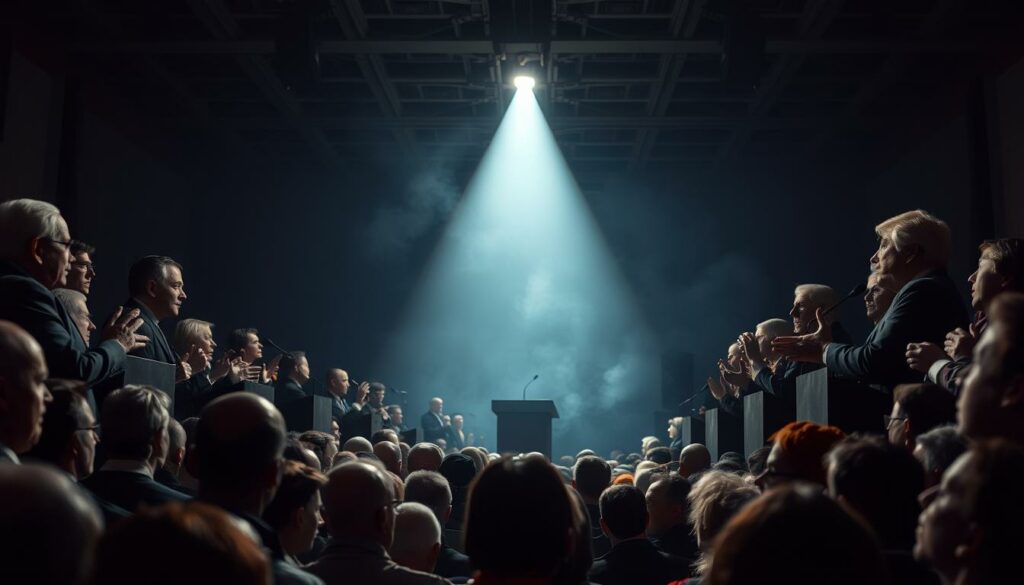 A dimly lit political debate hall, the stage illuminated by a single spotlight. On either side, two groups of politicians engaged in a heated discussion, their expressions intense, gestures animated. In the foreground, a crowd of concerned citizens observes, their faces reflecting the gravity of the debate. The background is hazy, conveying a sense of tension and unease. The scene is shot from a low angle, lending a sense of drama and importance to the proceedings. The lighting is moody, casting dramatic shadows and highlighting the emotional weight of the subject matter.