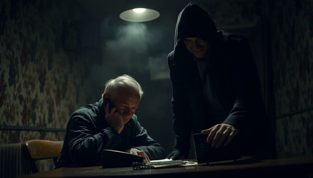 A dimly lit room, the walls adorned with tattered wallpaper and the air thick with tension. In the foreground, an elderly person sits hunched over a telephone, their face a mask of concern as they listen intently. Across the table, a shadowy figure leans forward, a devious smile playing on their lips. The background is hazy, suggesting the illicit nature of the "Schockanrufer Masche" - a scam where fraudsters trick seniors into sending money. The lighting is low, creating a sense of foreboding and unease, as the unsuspecting victim falls prey to the cunning deception.