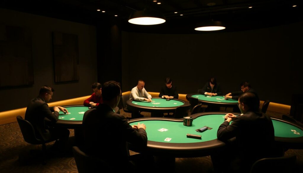 A dimly lit room with sleek, modern No-Limit Texas Hold'em poker tables, their green felt surfaces casting a soft glow under the warm, overhead lighting. The tables are positioned in a semicircular arrangement, creating an intimate, high-stakes atmosphere. Players sit focused, their faces obscured by the shadows, each holding their cards close, strategizing their next moves. The room's walls are adorned with muted, abstract art, complementing the minimalist, sophisticated ambiance. A sense of intensity and anticipation permeates the space, as the players engage in the thrilling battle of wits and chance that defines the iconic game of No-Limit Texas Hold'em.
