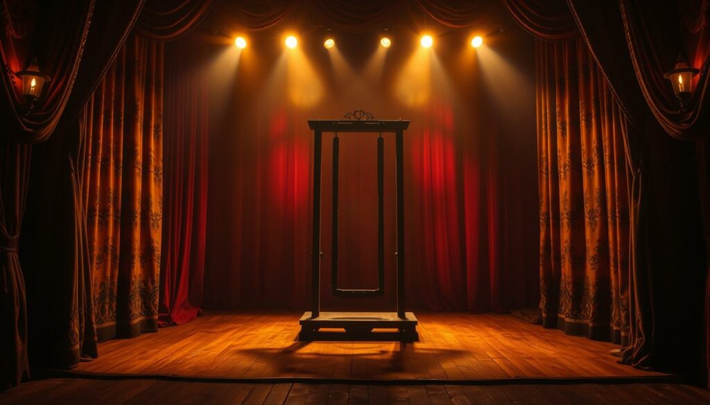 A dimly lit stage, the ominous silhouette of a guillotine looming in the center. Elaborate Victorian-era theater curtains frame the macabre scene, their intricate patterns casting flickering shadows across the wooden floorboards. The air is thick with anticipation, as the ghastly tradition of the Schichtl-Theater unfolds before a captivated audience. Theatrical lighting bathes the stage in an eerie, amber glow, casting dramatic shadows that accentuate the guillotine's sharp, menacing edges. The scene evokes a sense of morbid fascination, where the line between entertainment and the macabre is blurred, reflecting the unique cultural legacy of this legendary Oktoberfest attraction.