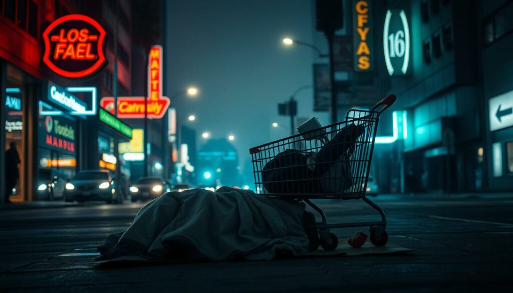 A dimly lit street in downtown Los Angeles, with a lone figure sleeping on a cardboard mat, bundled in tattered blankets. The glow of neon signs and streetlights cast an eerie, melancholic atmosphere. In the middle ground, a shopping cart filled with meager possessions stands as a symbol of the harsh realities of homelessness. The background is a hazy skyline, reflecting the urban blight that has consumed this once vibrant city. The scene conveys a sense of isolation, desperation, and the devastating impact of addiction on one's life, capturing the essence of "Leben auf der Straße: Lonis Alltag als Obdachlose".