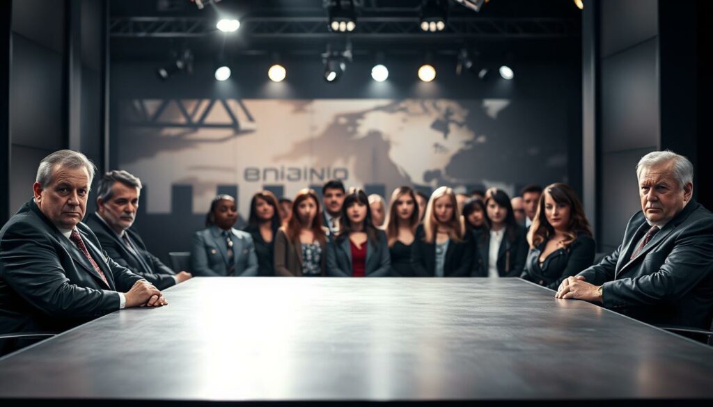 A dimly lit studio set, resembling a reality TV show stage. In the foreground, a panel of stern-faced experts in suits, representing the concept of "Jugendschutz" (youth protection). They sit behind a long table, casting a critical gaze upon the scene. In the middle ground, a group of young reality TV participants, their expressions a mix of apprehension and defiance. The background is blurred, hinting at the chaotic energy of a typical reality TV production. Dramatic lighting creates deep shadows, underscoring the tension between the authorities and the participants. The overall atmosphere conveys the gravity and importance of the "Jugendschutz" debate in the context of modern reality television.