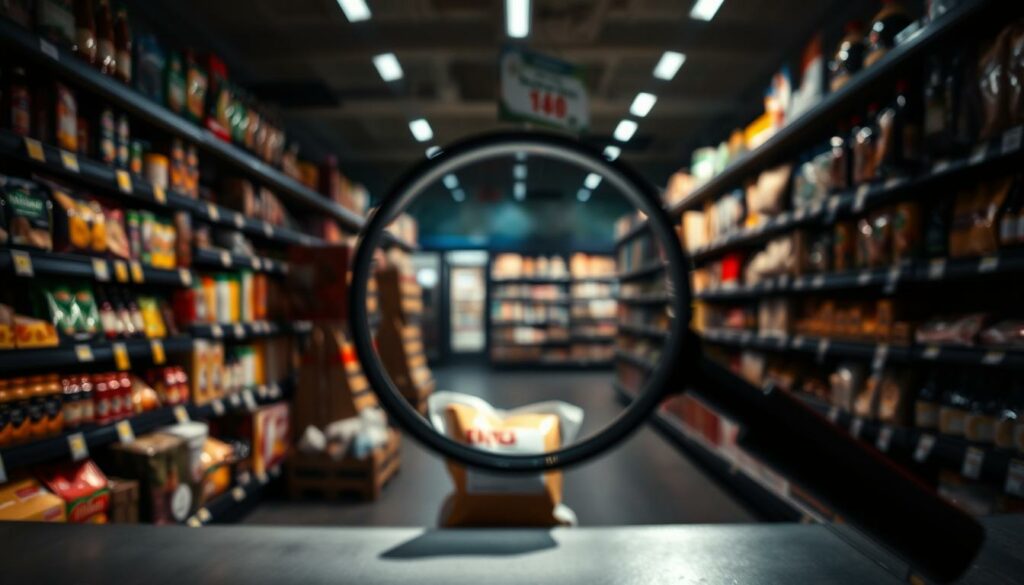 A dimly lit supermarket aisle, with various imported food products lining the shelves. In the foreground, a magnifying glass hovers over a package, highlighting potential safety concerns. The lighting is harsh, casting shadows that create an unsettling atmosphere. The background is blurred, drawing the viewer's attention to the suspicious package. The overall scene conveys a sense of unease and caution, reflecting the theme of "Sicherheitsrisiken bei Lebensmittelimporten."