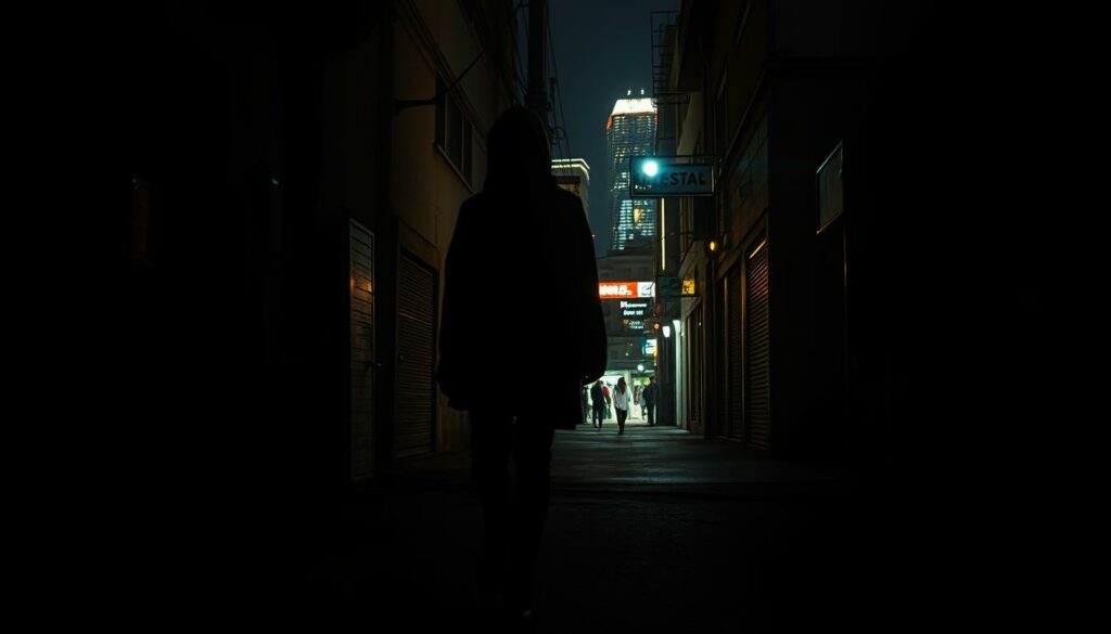 A dimly lit urban setting, shadows creeping across the scene. In the foreground, a lone figure, cloaked in darkness, stalks their unsuspecting prey - a young woman, her movements tracked, her privacy invaded. The middle ground is a maze of alleyways and side streets, conveying a sense of isolation and vulnerability. In the background, the neon-lit cityscape looms, a façade of normalcy masking the sinister forces at work. Harsh contrasts, muted colors, and a menacing atmosphere create an ominous and unsettling tone. The lens is angled to capture the predator's vantage point, emphasizing the imbalance of power and the helplessness of the victim. This is the years-long pursuit, the stalker's obsession that has come to define the life of Tanja Makarić.