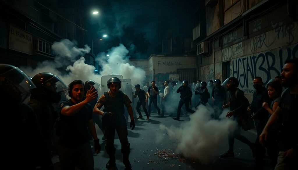 A dimly lit urban street, tension palpable in the air. In the foreground, a group of protesters, their faces etched with frustration and anger, clashing with riot police in full gear. Smoke and debris swirl, casting an unsettling atmosphere. In the middle ground, bystanders watch nervously, caught in the crossfire of societal unrest. The background reveals a crumbling, graffiti-covered wall, a symbol of the underlying sociopolitical divisions. Moody, cinematic lighting casts long shadows, heightening the sense of drama and conflict. A wide-angle lens captures the full scope of the scene, conveying the escalating societal tensions and the reactive political response.