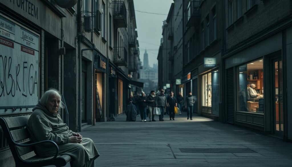 A dimly lit urban street, with crumbling buildings and dilapidated storefronts lining the sidewalks. In the foreground, a lone elderly person sits on a bench, their worn clothing and weary expression conveying a sense of isolation and financial hardship. The middle ground depicts a small group of people, some with shopping bags, others with heads bowed, all seemingly struggling to make ends meet. In the background, the skyline is hazy, suggesting an atmosphere of economic uncertainty. The lighting is somber, casting long shadows and creating a palpable sense of melancholy. The scene is captured with a medium-wide angle lens, emphasizing the sense of scale and the struggles faced by those living at or below the poverty line in Germany.