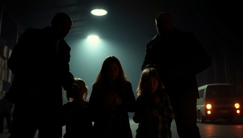 A dimly lit warehouse at night, the hulking silhouettes of former secret agents looming over a group of terrified children, the Block family's heirs. Harsh shadows cast by a single overhead light create an atmosphere of tension and menace. The agents, their faces obscured, clutch the children tightly, the kids' wide eyes reflecting the gravity of the situation. In the background, the faint outline of a van suggests a hasty getaway, the agents' only objective to spirit the young hostages away. A cinematic, high-contrast scene capturing the heart-pounding drama of the infamous Block family kidnapping.
