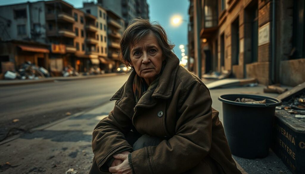 A disheveled, middle-aged woman sits on a grimy sidewalk, wrapped in a tattered coat. Her weathered face reflects the hardship of life on the streets. In the background, a dilapidated urban landscape unfolds - crumbling buildings, discarded trash, and the faint glow of streetlamps casting an eerie, melancholic light. The scene conveys a sense of loneliness, vulnerability, and the harsh realities faced by the homeless. The camera angle is low, emphasizing the subject's isolation and the vastness of the unforgiving environment surrounding her. The overall tone is somber, underscoring the difficult circumstances depicted.