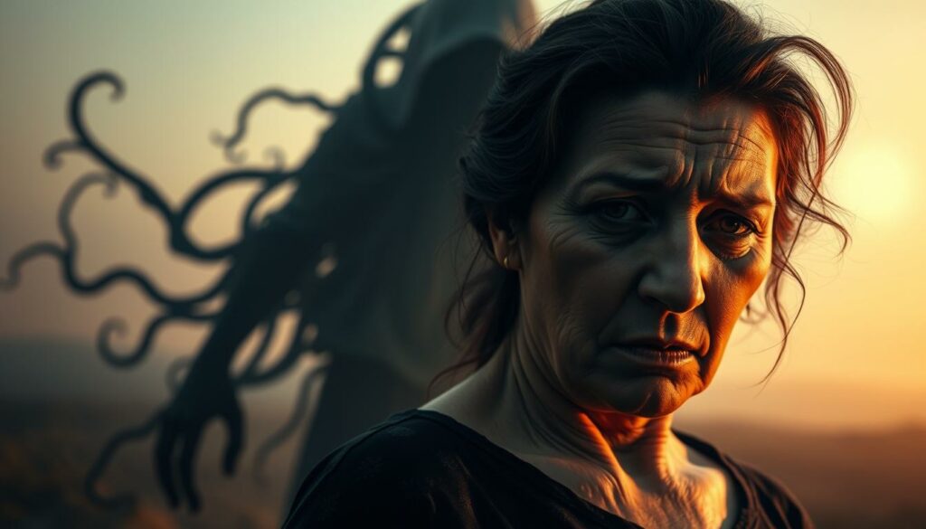 A distraught mother stands in the foreground, her face etched with anguish and despair. Behind her, a shadowy figure representing the trauma of losing a child looms, its tendrils reaching out to envelop her. The background is a hazy, muted landscape, conveying the emotional turmoil and sense of isolation. Warm, directional lighting illuminates the mother's face, emphasizing the raw emotions she is experiencing. The overall scene evokes a sense of psychological anguish, the lingering effects of a traumatic event, and the mother's yearning for justice and closure.