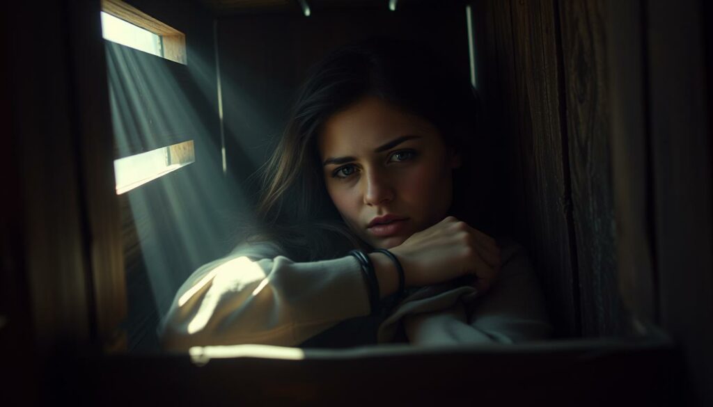 A distressed young woman, her hands bound, lies huddled in a cramped, dimly lit wooden crate. Shafts of soft, hazy light filter through narrow gaps, casting a somber, unsettling atmosphere. Her expression conveys a mix of fear, vulnerability, and a desperate plea for help. The crate's weathered, splintered exterior suggests a remote, isolated location, heightening the sense of isolation and peril. Subtle shadows and muted tones evoke a somber, foreboding mood, reflecting the gravity of her ordeal. The image aims to capture the anguish and helplessness of the missing woman, evoking empathy and a deeper understanding of the tragic circumstances.
