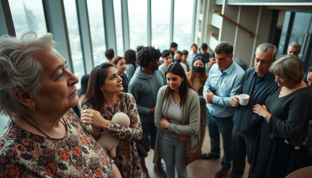 A diverse group of residents gathered in the spacious lobby of the towering high-rise, their expressions a mix of wistful nostalgia and cautious optimism. In the foreground, an elderly woman gazes out the panoramic windows, her face etched with both melancholy and a glimmer of relief. Nearby, a young mother cradles her child, their eyes fixed on the distant horizon. The middle ground is populated by a cross-section of the community - a group of teenagers huddled in conversation, a middle-aged man sipping coffee, and a pair of neighbors sharing a somber embrace. The background is filled with the sleek, modern architecture of the building, a stark contrast to the emotions playing out within. Soft, diffused lighting casts a contemplative mood, as the residents contemplate the impending demolition of their longtime home.