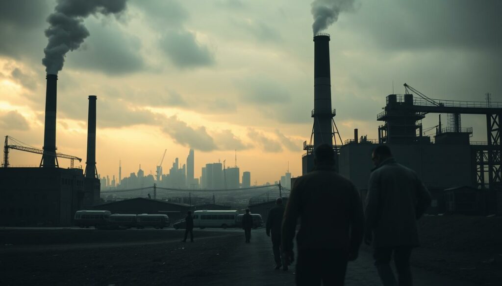A dramatic, cinematic scene depicting the economic impacts of declining exports. In the foreground, a factory lies dormant, its smokestacks silent, symbolizing the downturn. In the middle ground, workers dejectedly exit the facility, their heads bowed. The background features a cityscape, with gray skies and a sense of uncertainty hanging in the air. Lighting is somber, with deep shadows and highlights that convey a somber, melancholic mood. The composition is balanced, with the key elements arranged to draw the viewer's eye through the scene. The overall atmosphere is one of economic hardship and the ripple effects felt across the community.