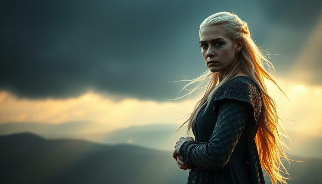 A dramatic, cinematic scene of Emilia Clarke as Daenerys Targaryen from the critically acclaimed HBO series "Game of Thrones". Set against a moody, fog-shrouded backdrop, Daenerys stands tall and resolute, her platinum blonde hair flowing in the wind. She holds a fierce gaze, her eyes burning with determination as she surveys the expansive, sweeping landscapes of Westeros. The lighting is dramatic, with shafts of warm, golden light piercing through the misty atmosphere, casting a heroic, larger-than-life aura around the Mother of Dragons. The composition is bold and impactful, drawing the viewer's attention to Daenerys as the central focus, conveying the significance of her role in the pivotal "Game of Thrones" storyline.
