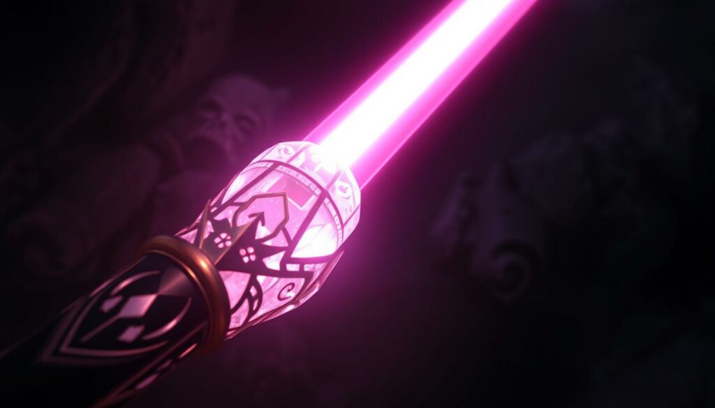 A dramatic close-up of a glowing, crystalline lightsaber hilt, its intricate design conveying a sense of ancient mysticism and cultural significance. Diffused lighting casts intricate shadows, highlighting the hilt's contours and the elegance of its form. The background is a shadowy, ethereal realm, hinting at the weapon's deeper symbolic meaning within a rich, ancestral tradition. Subtle textures and a muted color palette evoke a sense of reverence and historical weight. The lightsaber's elegant silhouette stands as a powerful, iconic representation of the cultural and spiritual legacy it embodies.