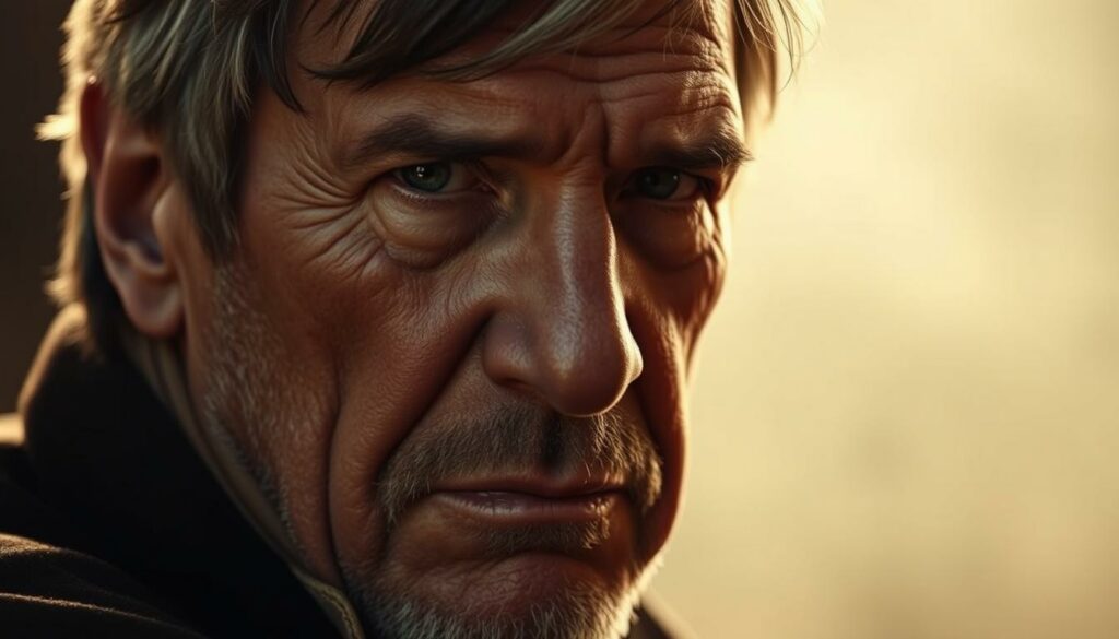 A dramatic close-up portrait of Harrison Ford, his weathered face betraying a troubled expression. Soft, dramatic lighting highlights the actor's iconic features, casting shadows that hint at the less known scandals and controversies that have marked his storied career. The background is hazy, suggesting a sense of unease and uncertainty, inviting the viewer to delve deeper into the complexities of this celebrated yet enigmatic figure. Captured with a cinematic lens, the image evokes the brooding intensity of Ford's most powerful on-screen roles, suggesting the weight of both his success and his scandals.