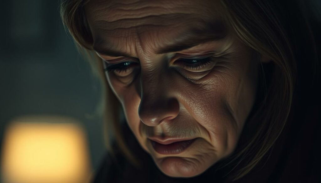 A dramatic close-up portrait of Kader Loth, caught in a moment of deep contemplation and emotional turmoil. Her face is lined with the weight of a midlife crisis, the tension and worry evident in her furrowed brow and downcast gaze. The lighting is low and moody, casting dramatic shadows that accentuate the angst and uncertainty in her expression. The background is hazy and out-of-focus, drawing the viewer's attention solely to the subject's pensive, introspective state. The overall atmosphere conveys a sense of personal upheaval and the strain of a relationship in crisis, alluding to the tumultuous events that have led to Kader's departure from Germany.