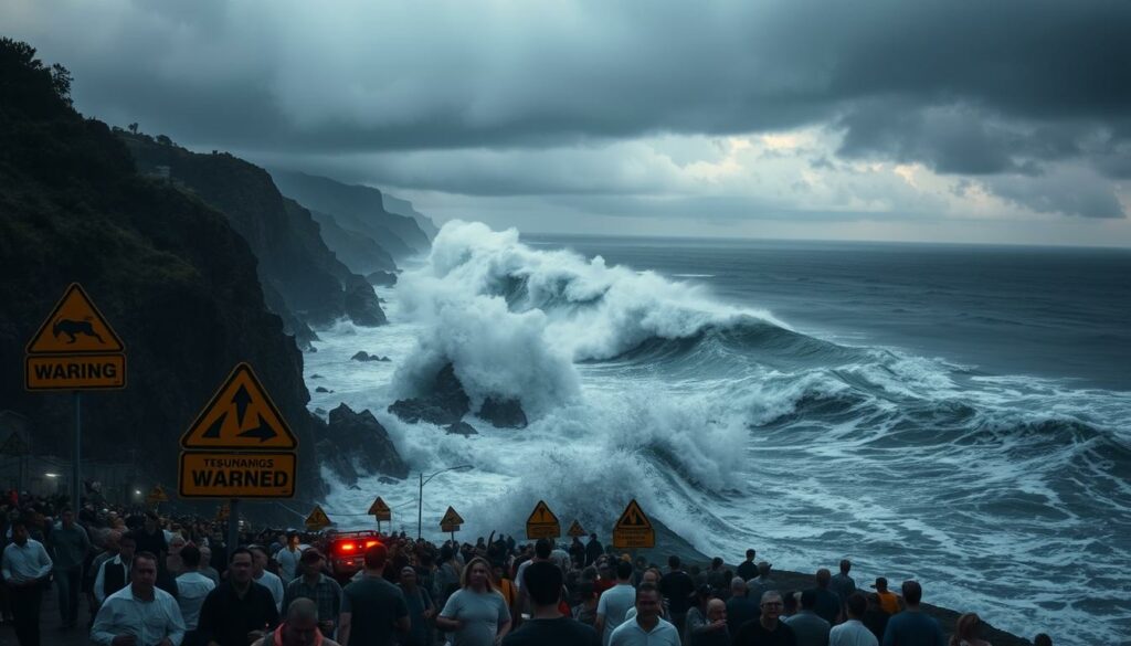 A dramatic coastal scene of Tsunami warnings and evacuations. In the foreground, panicked crowds flee inland, rushing past billowing warning signs and flashing emergency lights. The middle ground shows towering waves crashing against rocky cliffs, their white peaks foaming and churning. In the distant background, a dark, ominous horizon hints at the approaching megaquake's devastation. The sky is shrouded in ominous clouds, casting an eerie, unsettling glow over the entire scene. A sense of urgency and impending disaster permeates the atmosphere, captured through intense lighting, dramatic camera angles, and a palpable sense of motion and chaos.