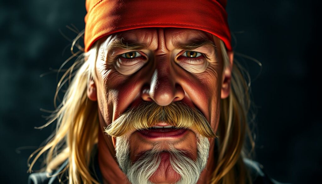A dramatic, high-contrast portrait of Hulk Hogan, the legendary wrestler, set against a dark, ominous backdrop. Hogan's weathered face, with his iconic handlebar mustache and piercing gaze, is the focal point, conveying a sense of turbulence and controversy. The lighting is dramatic, casting sharp shadows that accentuate the rugged features and the intensity of his expression. The background is hazy and indistinct, suggesting the swirling scandals and accusations that have surrounded Hogan's career. The overall atmosphere is one of tension and unease, reflecting the "Kontroversen" and "Rassismus-Vorwürfe" that have plagued the wrestler's legacy.