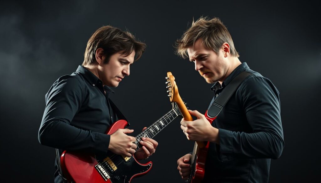 A dramatic, high-contrast portrait of the two Gallagher brothers locked in heated confrontation. Noel and Liam, their faces twisted with animosity, stand toe-to-toe, electric guitars gripped like weapons. Ominous shadows loom behind them, heightening the tension. The brothers' eyes blaze with intensity, their jaws set in stubborn defiance. A moody, cinematic lighting bathes the scene, casting dramatic highlights and deep shadows. The brothers' bodies are angled aggressively, bodies tense, muscles coiled - the calm before the storm of a heated, no-holds-barred argument. The atmosphere crackles with the brothers' infamous sibling rivalry, a visual representation of their legendary family feud.