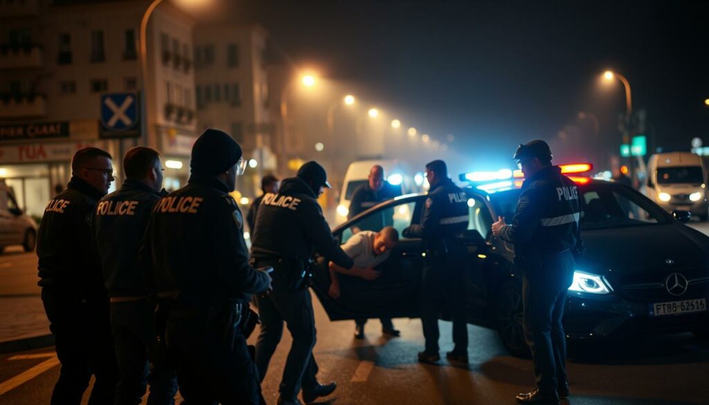 A dramatic night-time street scene in Stuttgart, Germany. In the foreground, several police officers apprehend two suspects, their faces obscured by shadows, as they pull a young man from a car. Bright police lights and sirens illuminate the intense confrontation. In the middle ground, other officers secure the scene, providing medical assistance to the victim. The background is hazy, with blurred buildings and traffic, conveying a sense of urgency and chaos. The lighting is a mix of harsh, directional police spotlights and the warm glow of streetlights, creating dramatic contrasts and shadows. The overall mood is tense, urgent, and ominous, reflecting the gravity of the situation.