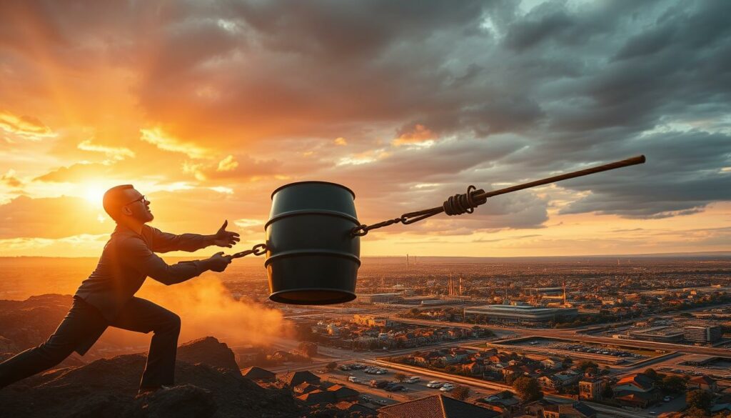 A dramatic oil price battle scene, lit by the warm glow of a sunset. In the foreground, a tug-of-war between two powerful figures, one representing industry, the other consumers, their faces locked in intense struggle as they fight for control of the oil barrel. In the middle ground, a chaotic cityscape with cars, homes, and businesses, all impacted by the fluctuating oil prices. The background shows a panoramic view of an oil field, pipelines, and refineries, symbolizing the complex global dynamics at play. The overall atmosphere is one of high stakes, tension, and unpredictability, reflecting the "surprising dynamics" of the oil price conflict.