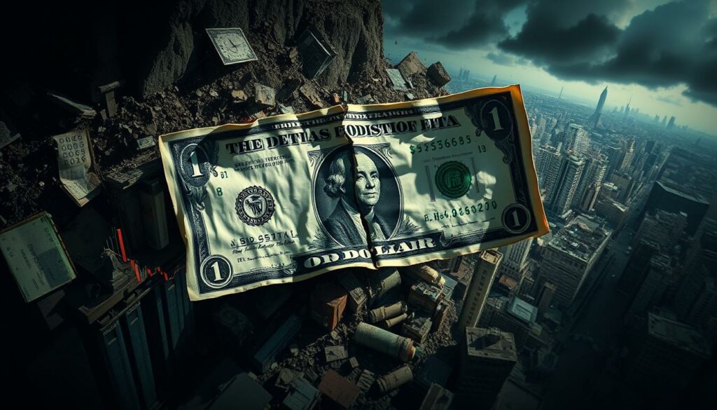 A dramatic overhead view of a crumbling, weathered US dollar bill amidst a chaotic financial landscape. The dollar's edges are tattered and worn, casting long, ominous shadows across a turbulent background of swirling stock charts, collapsing graphs, and distressed economic indicators. The scene is illuminated by a harsh, unsettling lighting, creating a sense of impending crisis and uncertainty. In the distance, ominous storm clouds loom, heightening the foreboding atmosphere. The composition emphasizes the centrality and vulnerability of the US dollar, symbolizing the broader economic turmoil and the potential ramifications of its devaluation.