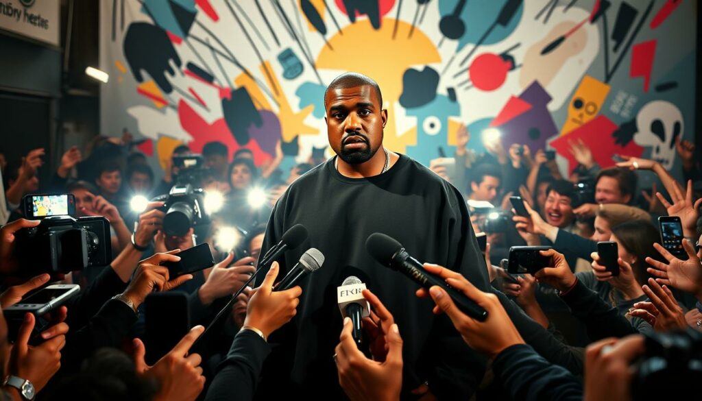 A dramatic scene of Kanye West amidst a whirlwind of public controversy and media scrutiny. In the foreground, Kanye stands tall, his expression a mixture of defiance and exasperation, surrounded by a swarm of flashing cameras and aggressive reporters. The middle ground is a chaotic blur of microphones, smartphones, and outstretched hands, capturing the relentless media frenzy. In the background, a backdrop of bold, emotive colors and abstract shapes represents the volatile public reactions, ranging from outrage to support. Dramatic cinematic lighting casts sharp shadows, emphasizing the intense emotions and high-stakes nature of the Kanye West scandal.