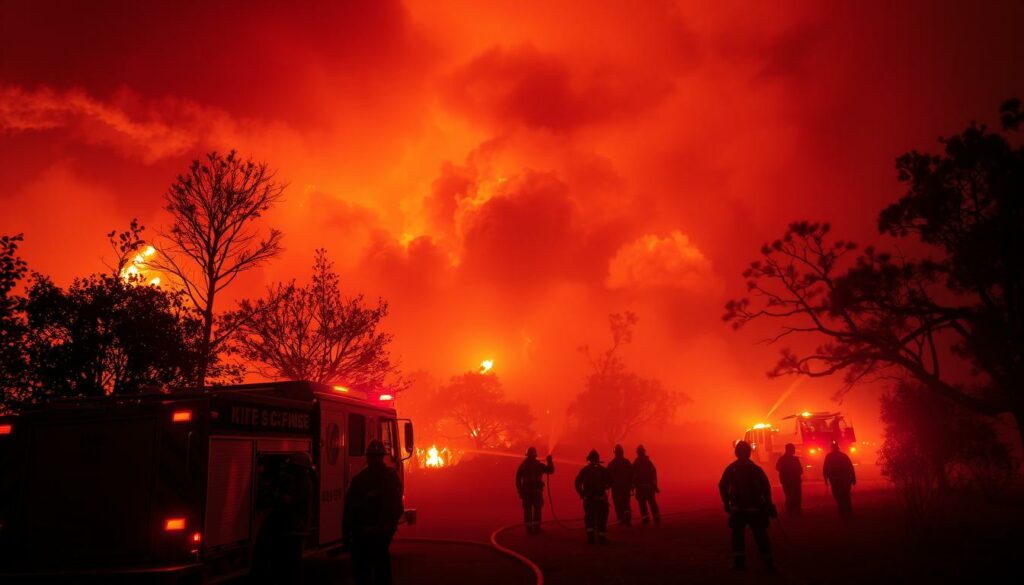 A dramatic scene of a firefighting operation in action, with a team of firefighters in full gear battling a raging wildfire. In the foreground, a fire engine with its sirens blaring and firefighters wielding high-pressure hoses, dousing the flames licking at the surrounding trees. In the middle ground, plumes of thick, billowing smoke obscure the view, lending an ominous atmosphere. In the background, the silhouettes of more firefighters and emergency vehicles can be seen, working tirelessly to contain the blaze. Dramatic, warm lighting illuminates the scene, casting dramatic shadows and highlights on the firefighters' faces and equipment. The overall mood is one of urgency, chaos, and the heroic efforts of those risking their lives to protect the community.