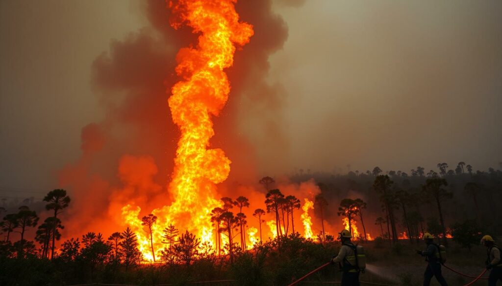 A dramatic scene of a large-scale fire raging in a dense forest, with thick plumes of smoke billowing upwards and fiery embers cascading through the air. In the foreground, a team of firefighters in protective gear battles the blaze, hoses in hand, their faces illuminated by the intense flames. The middle ground reveals the scale of the conflagration, with trees and undergrowth consumed by the searing heat. The background is shrouded in a hazy, ominous atmosphere, suggesting the challenges faced by the emergency responders. The image is captured with a wide-angle lens, capturing the scope of the event, and lit by the natural glow of the fire, casting dramatic shadows and highlights across the scene.