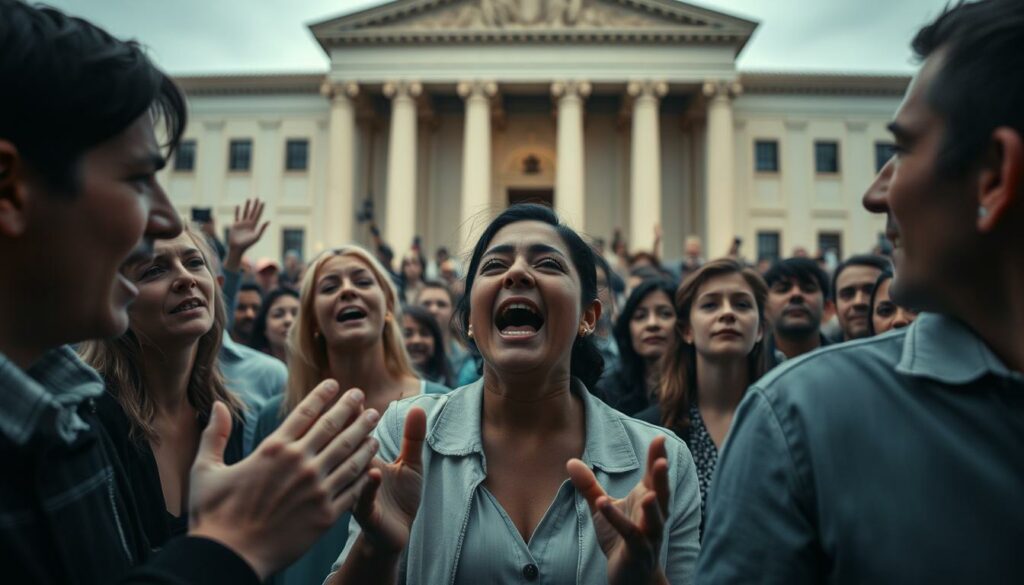 A dramatic scene of people reacting to a court verdict, captured in a cinéma vérité style. In the foreground, a group of individuals gesture animatedly, their faces etched with a range of emotions - shock, outrage, disbelief. The middle ground features a crowd of onlookers, their bodies frozen in tense anticipation. In the background, the imposing facade of a courthouse looms, casting a somber, authoritative presence. Soft, diffused lighting emphasizes the gravity of the moment, while a shallow depth of field keeps the focus on the raw human reactions unfolding before the lens. The overall atmosphere conveys the weight and significance of the judicial decision being received.