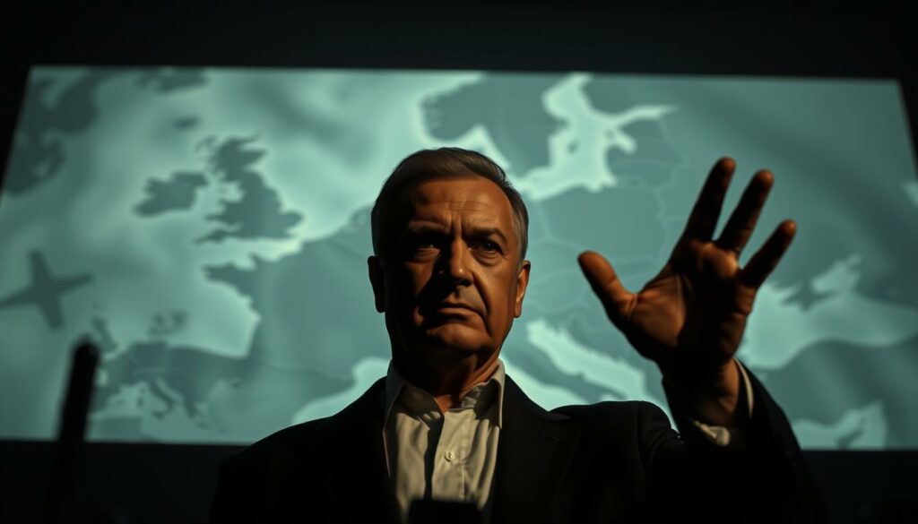 A dramatic scene of political gas supply threats, with a middle-eastern leader standing before a map of Europe, casting an ominous shadow. The leader's expression is stern, their hand raised in a gesture of warning. In the background, a hazy grid of gas pipelines and infrastructure, casting an ominous glow. The lighting is dramatic, with high-contrast shadows and highlights, creating a tense, foreboding atmosphere. The angle is slightly low, emphasizing the leader's imposing presence. The overall mood is one of tension, power, and the looming threat of disrupted energy supplies.