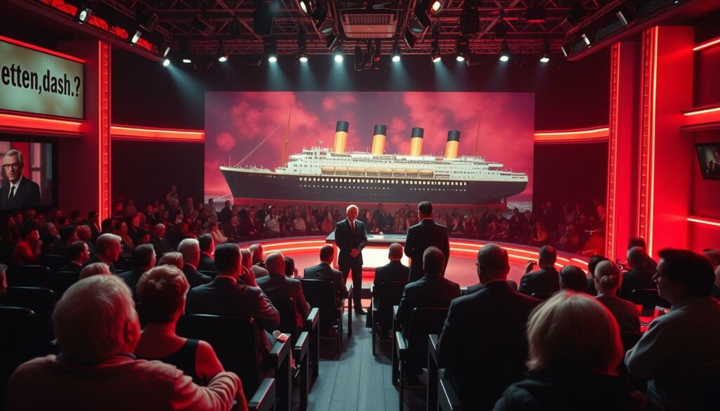 A dramatic scene of the iconic "Wetten, dass..?" TV show from 1988, capturing the media frenzy and public debate following the infamous betting scandal. The studio audience sits in anticipation, as the presenters stand center stage, their expressions conveying the gravity of the situation. The lighting is moody, with dramatic shadows and highlights, creating a sense of tension. The camera angle is slightly elevated, giving a panoramic view of the studio's retro-futuristic set design, complete with neon accents and a towering Titanic-inspired backdrop, symbolizing the magnitude of the event. The atmosphere is one of intrigue and uncertainty, reflecting the pivotal moment in German television history.