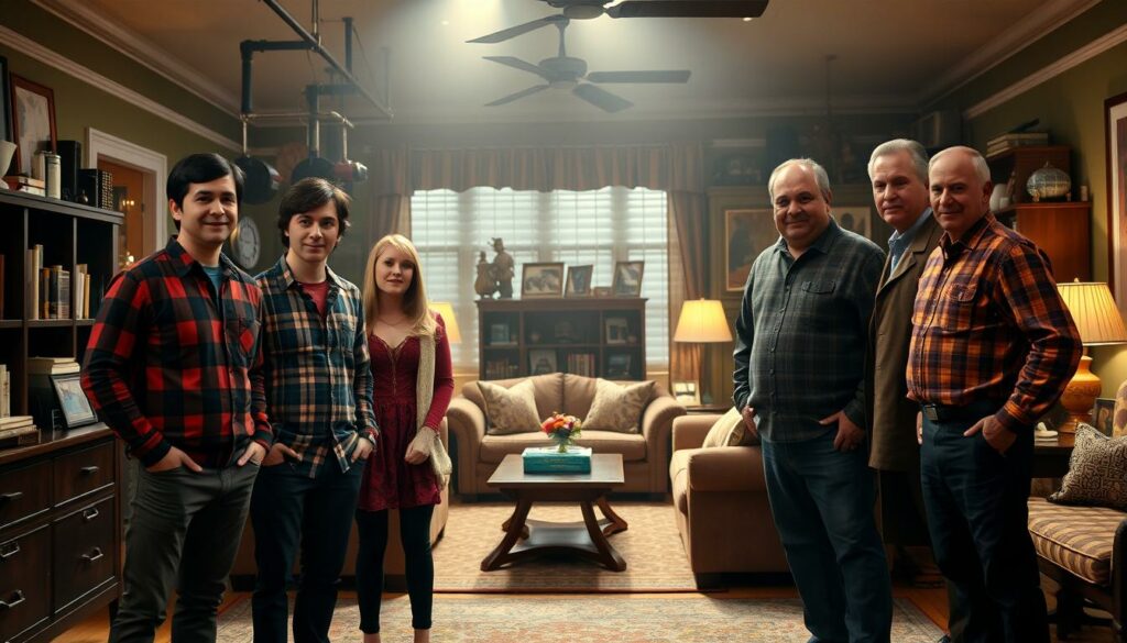 A dramatic scene of the iconic cast of "The Big Bang Theory" gathered for the series finale. In the foreground, the main characters - Sheldon, Leonard, Penny, Raj, and Howard - stand together, their expressions a mix of joy, nostalgia, and a hint of sadness as they bid farewell to the beloved show. The middle ground captures the set of their apartment, meticulously detailed, with familiar furnishings and scientific paraphernalia. In the background, a warm, cinematic lighting bathes the scene, creating a sense of finality and emotional resonance, befitting the end of an era. The overall mood is one of celebration, reflection, and the bittersweet closure of a beloved television legacy.