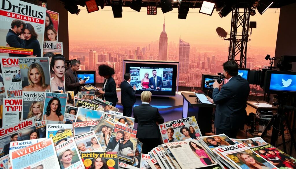 A dynamic scene of media reactions to a high-profile celebrity separation. In the foreground, a collage of glossy magazine covers, tabloid headlines, and social media posts abuzz with speculation and commentary. The middle ground features a large television screen playing a news segment, flanked by journalists and pundits animatedly discussing the breakup. In the background, a hazy cityscape with skyscrapers and satellite dishes evokes the pervasive presence of the digital media landscape. Lighting is a mix of warm studio tones and the cool glow of electronic displays, creating an atmosphere of intense public scrutiny and fascination. The overall composition conveys the frenetic pace and widespread impact of modern media's coverage of celebrity relationships and their dissolution.