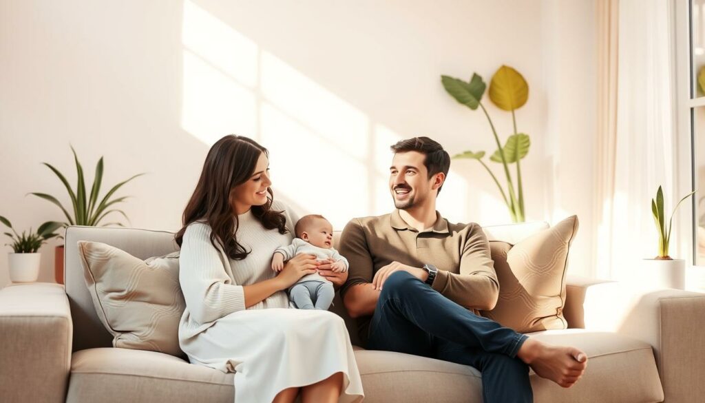 A family of three sitting on a plush sofa, basking in the warm glow of a sun-drenched living room. The parents, dressed in carefully curated outfits, hold their infant child, their expressions exuding a sense of blissful contentment. The background is meticulously styled, with artfully arranged plants, designer decor, and a pristine, minimalist aesthetic. The lighting is soft and flattering, creating a hazy, almost ethereal atmosphere. The overall scene conveys a picture-perfect vision of modern family life, carefully crafted for the discerning eye of Instagram followers.