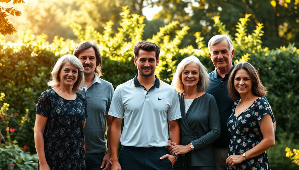 A family portrait of Alexander Zverev, the renowned German tennis professional, with his parents and siblings. The scene depicts them gathered outdoors in a picturesque garden setting, with a lush, verdant backdrop. Warm afternoon sunlight bathes the family, casting soft shadows and highlighting their features. Zverev stands at the center, flanked by his parents, who wear expressions of pride and affection. His siblings, each with their unique personalities, surround them, creating a harmonious, intimate composition. The mood is one of togetherness, joy, and the strong bonds that define the Zverev family. The image captures the essence of the section titled "The Family behind the Tennis Pro", providing a visually compelling representation of the private life and support system of this celebrated athlete.
