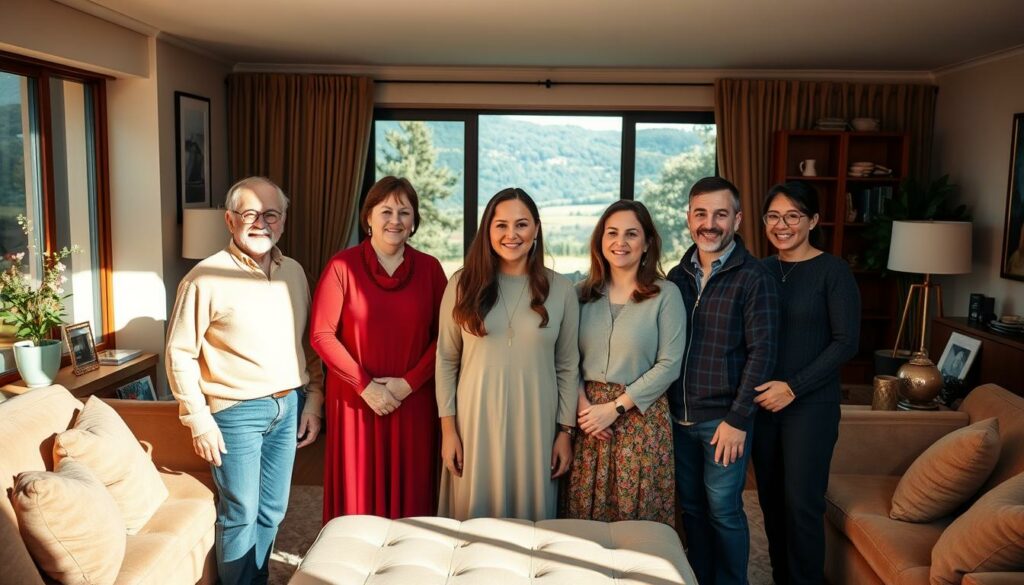 A family portrait of Elena Miras and her loved ones, set against a warm, inviting background. In the foreground, Elena stands in the center, surrounded by her parents, siblings, and partner. Soft, natural lighting illuminates their faces, capturing the affection and connection between them. The middle ground features a cozy, stylish living room setting, with plush furniture and personal mementos hinting at their close-knit relationships. In the background, a large window offers a glimpse of a picturesque outdoor scene, suggesting the tranquility and comfort of their private life. The overall composition conveys a sense of domestic bliss and the importance of family in Elena Miras' world.