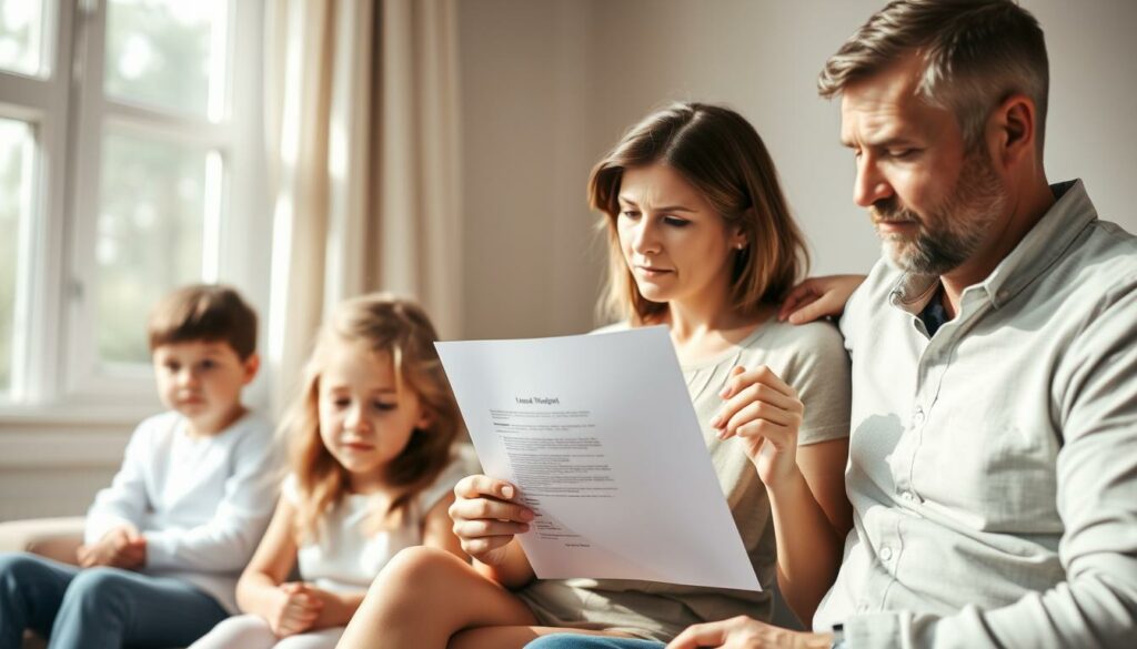 A family sitting solemnly in a sunlit room, their faces conveying a mixture of grief and gratitude. The mother holds a legal document, her expression pensive, as the father places a comforting hand on her shoulder. The children, subdued, stand nearby, their eyes downcast. Soft, natural lighting filters through the large windows, creating a somber yet hopeful atmosphere. The scene evokes the weight of a tragic loss and the bittersweet acknowledgment of the compensation received, a necessary but imperfect resolution.