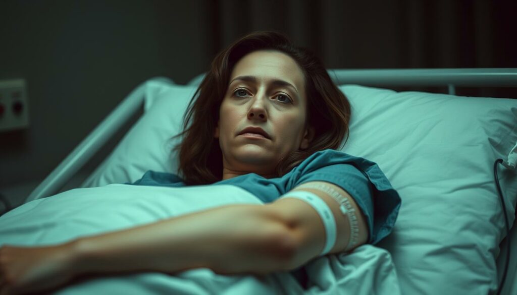 A female patient lying in a hospital bed, her arm connected to an intravenous (IV) drip. She has a serious, pensive expression on her face, suggesting she is going through a difficult health situation. The room is dimly lit, with muted colors and a somber atmosphere. The focus is on the patient, with the background blurred to emphasize the medical setting. The lighting is soft and diffused, creating a sense of vulnerability and introspection. The composition is balanced, with the patient's figure centered and the IV line leading the viewer's eye towards her face.
