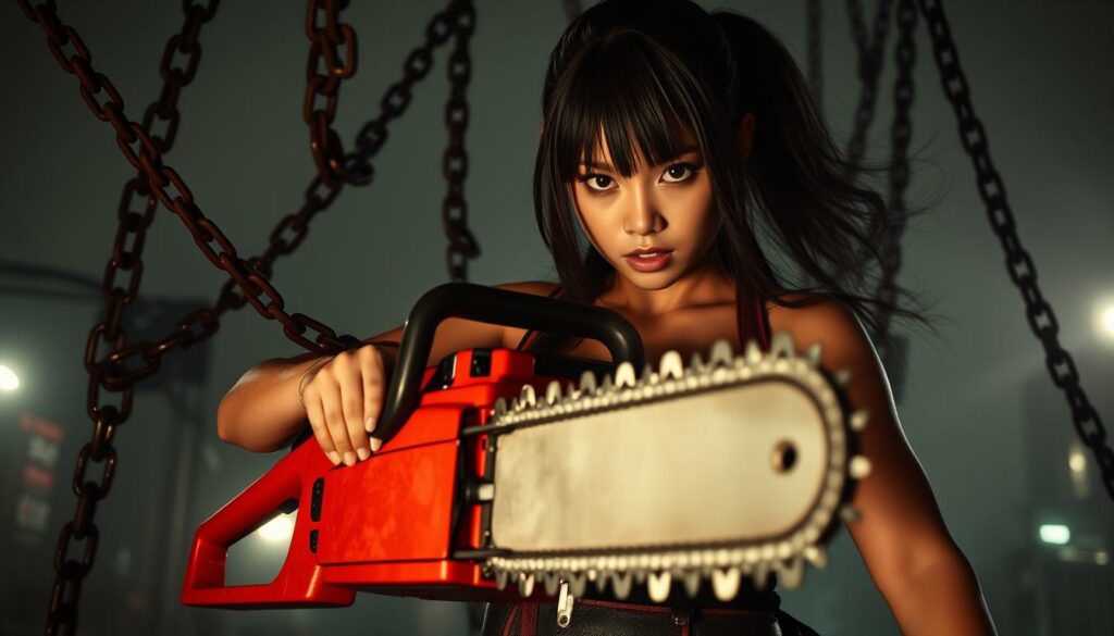 A fierce and determined Kobeni Higashiyama stands in a combat-ready stance, her eyes narrowed with focus. Shadowy chains swirl around her, as she grips a powerful, revving chainsaw in her hands, its teeth gleaming in the moody, low-key lighting. The background is a hazy, abstract cityscape, adding to the sense of impending conflict. The camera angle is slightly low, emphasizing Kobeni's strength and intensity. An aura of intense focus and lethal ability radiates from her, hinting at the formidable combat prowess she is about to unleash.