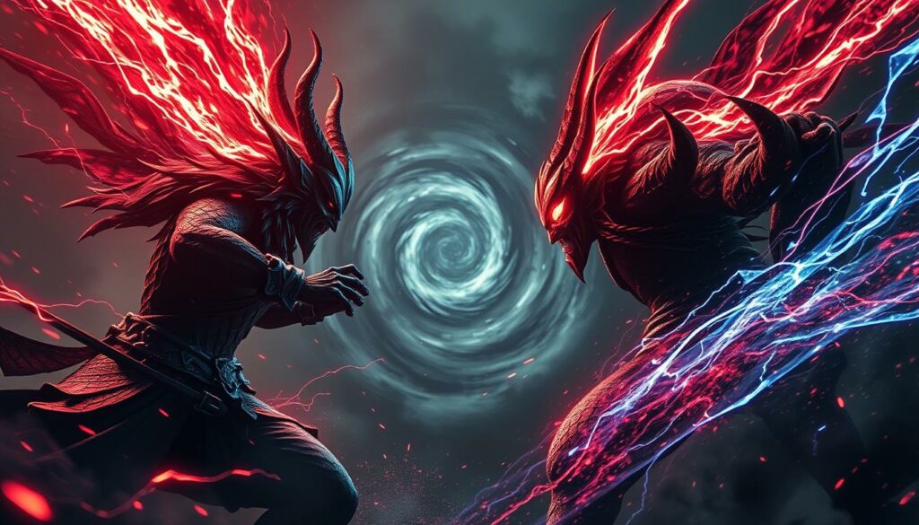A fierce clash of wills between Makima, the enigmatic and manipulative leader, and Chinpo no Akuma, the powerful demon, unfolds in a swirling maelstrom of supernatural energy. In the foreground, the two adversaries engage in a battle of cunning and raw power, their piercing gazes locked in an intense struggle for dominance. Shimmering streaks of crimson and indigo energy crackle around them, illuminating the tension-filled scene. In the middle ground, a vortex of otherworldly forces swirls, casting an ominous and foreboding atmosphere. The background is shrouded in a hazy, monochromatic realm, hinting at the greater cosmic forces at play. Dramatic shadows and highlights accentuate the dramatic lighting, heightening the sense of drama and the high-stakes confrontation.