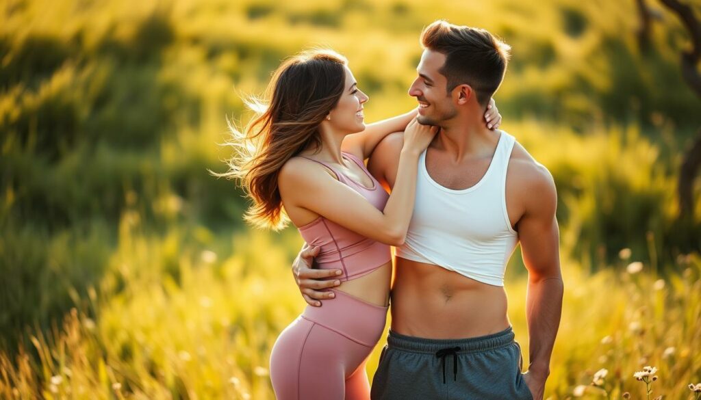 A fit, athletic couple in their mid-30s are embracing passionately in a sun-dappled meadow, their bodies intertwined as they gaze lovingly into each other's eyes. The woman, with flowing chestnut hair, wears a sleek, form-fitting activewear set in a soft, dusty pink hue. Her partner, a chiseled, tanned man, is clad in a pair of charcoal-gray athletic shorts and a white, moisture-wicking tank top that accentuates his muscular physique. Warm, diffused natural light bathes the scene, casting a golden glow and creating a sense of intimacy and romance. The lush, verdant backdrop of the meadow, dotted with wildflowers, completes the idyllic, blissful atmosphere of their love story.