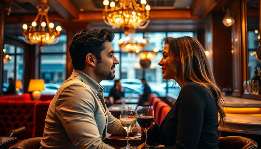 A flirtatious encounter between Ismet Atli and Laura Peuker, set against the backdrop of a stylish cafe. The foreground depicts the two individuals leaning in close, their expressions coy and suggestive. Warm lighting casts a romantic glow, while the middle ground features the elegant decor of the cafe - plush velvet seating, ornate chandeliers, and a sleek marble-topped bar. The background blurs into a soft, hazy scene, creating an intimate and discreet atmosphere, as if capturing a private moment amidst the bustling city.