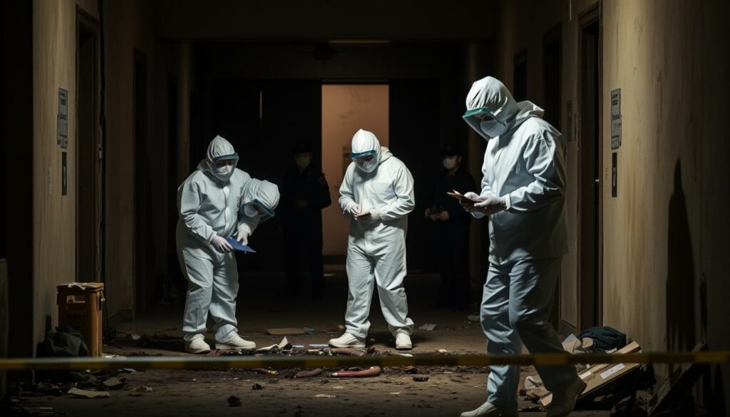 A forensic investigation team diligently examines a grisly crime scene, meticulously collecting evidence under the soft glow of specialized lighting. In the foreground, investigators in protective gear carefully document and process the scene, their movements precise and measured. The middle ground reveals a tense atmosphere, with uniformed officers securing the perimeter and maintaining a solemn vigil. In the background, the dimly lit interior of the building casts an ominous shadow, hinting at the tragic events that unfolded here. The image conveys a sense of somber professionalism, as the investigators work to uncover the truth and bring justice to the victims.