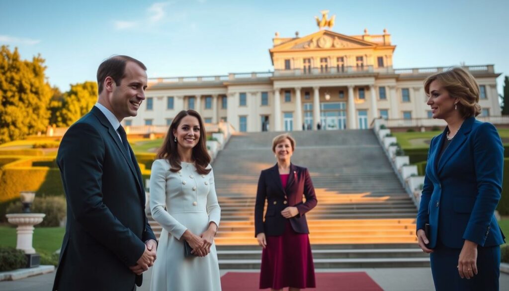 A formal outdoor reception scene with Prince William and Kate Middleton, the Duke and Duchess of Cambridge, graciously greeting French President Emmanuel Macron and First Lady Brigitte Macron. The royals stand in the foreground, dressed in dignified attire, expressions poised and welcoming. Behind them, a grand staircase leads to an ornate government building, its neo-classical architecture bathed in warm, golden afternoon light. A backdrop of lush, manicured gardens and a clear, cloudless sky conveys a sense of regal elegance and diplomatic tranquility. The overall mood is one of courteous pageantry, reflecting the diplomatic nature of the event.