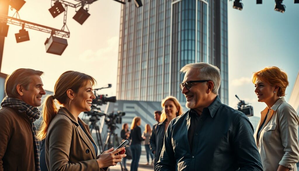 A futuristic and vibrant scene depicting the continuing story of the long-running German television drama "Rote Rosen". In the foreground, a group of characters engage in animated conversation, their expressions conveying a sense of hope and determination. The middle ground showcases a modern, state-of-the-art television studio, with sleek camera equipment and technicians hard at work. In the background, a towering glass and steel building represents the future of the series, its striking architecture symbolizing the evolution and progress of the beloved show. Warm, natural lighting bathes the scene, creating a sense of optimism and excitement. The overall atmosphere suggests a bright and dynamic future for "Rote Rosen", hinting at the narrative possibilities and creative innovations to come.